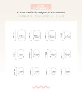 Size guide for press-on nails showing 12 different width and length specifications