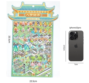 DIY 3D Suzhou landscape stickers measuring 33.5x23.5cm shown beside iPhone 15 Pro