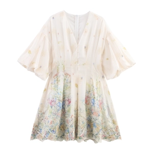 Robe Courte À Broderie Florale Col V Manches Bouffantes Douce Vintage Taille Froncée Texture Mousseline Pour Femmes