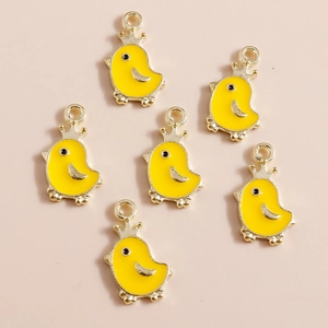 DIY jewelry pendants featuring 6 yellow enamel chicks wearing golden crowns on pink background