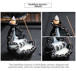 Detail of black ceramic backflow incense burner with cascading waterfall smoke design