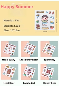 Macro detail of cartoon PVC stickers showing 10x10cm dimensions and series styles