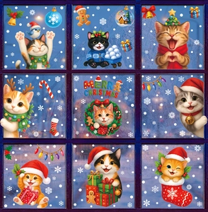 Detail of Christmas cat window decals featuring nine cartoon kittens and snowflakes