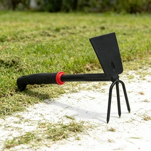 Dual-purpose carbon steel garden hoe and 3-prong rake with non-slip handle on grass