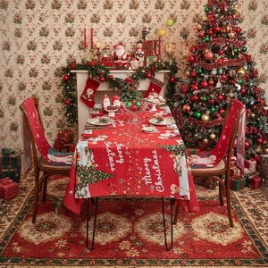 Christmas Rectangular Polyester Tablecloth Holiday Table Cover Printed Santa Claus Snowflake Pattern Festive Dining Decor