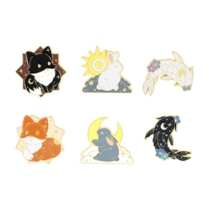 Cute enamel animal pins set featuring fox rabbit and koi fish with celestial motifs