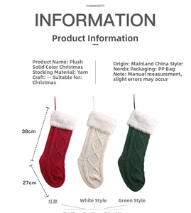 Close-up of knit Christmas stockings in red white and green with plush faux fur cuffs