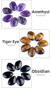 Vertical display of waterdrop amethyst, tiger eye, and obsidian pendants for jewelry DIY