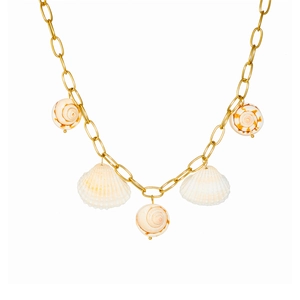 Bohemian gold chain necklace featuring five natural scallop and conch shell pendants