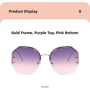 Front view of rimless oversized sunglasses with gold frame and purple pink gradient lens