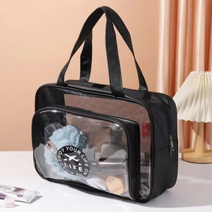 Waterproof black travel wash bag with clear PVC pocket and large storage capacity