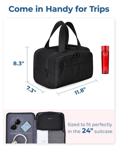 Detailed dimensions of the black toiletry bag fitting perfectly in a 24 inch suitcase