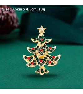 Detailed view of Christmas tree brooch with colorful rhinestones and size measurements