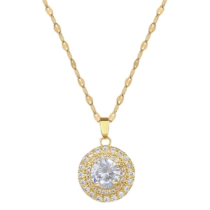 Luxury gold titanium steel necklace with a sparkling round pavé crystal pendant