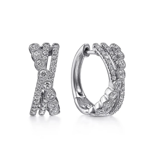 Sleek silver pavé crisscross hoop earrings with sparkling cubic zirconia stones