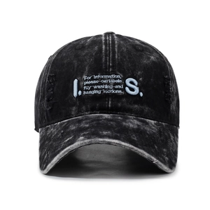 Distressed washed dark grey baseball cap with blue 3D embroidery and ripped details