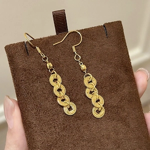 New Chinese Style Round Chinese Coin Tassel Drop Earrings Retro Gold Color Copper Jewelry For Women
