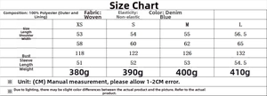 Detailed size chart for women's retro denim jacket including length and bust measurements