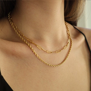 Three-layer stacked 18K gold plated stainless steel paperclip and rope chain necklace