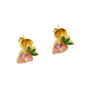 Gold strawberry stud earrings with pink heart crystals and green zircon leaves