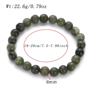 Detailed view of 8mm deep green natural stone beaded bracelet with size specifications