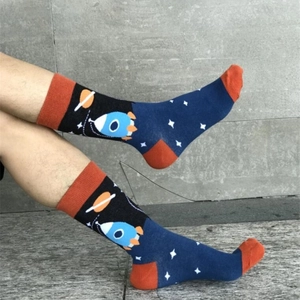 Men's cotton crew socks featuring navy blue space theme with rockets and Saturn planets