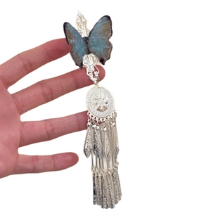 Exquisite blue resin butterfly hair clip with silver tassel for Hanfu accessories