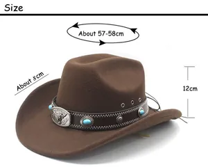 Detailed size chart for brown wool felt cowboy hat with vintage turquoise stud headband