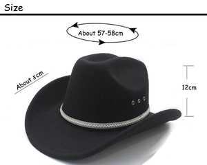 Detail view of black cowboy hat with pearl trim and size dimensions showing 12cm height