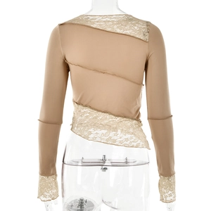 Detail view of khaki slim fit top featuring beige lace patchwork and back seam design