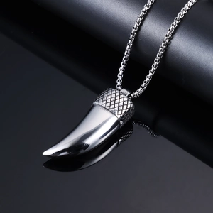 Vintage silver stainless steel wolf tooth pendant necklace for men with box chain link