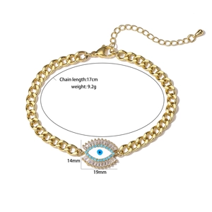 Detailed view of gold Cuban chain bracelet with zircon evil eye pendant and dimensions