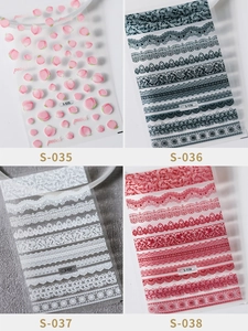 Detailed views of lace and peach 3D nail stickers in S-035 to S-038 styles