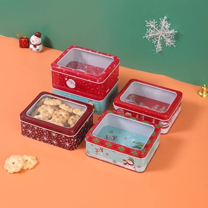 Christmas Tinplate Storage Box With Transparent Window Rectangular Cookie Candy Gift Packaging Case Festive Organization