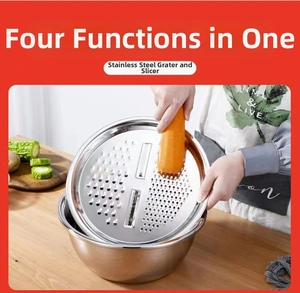 Action shot of hands grating a carrot on a multi-functional stainless steel slicer disk