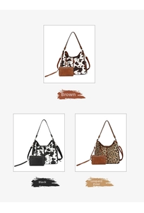 Three-grid display of cow and leopard print tote bags with matching small pouches