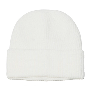Close-up of white ribbed knit beanie with chunky yarn texture and foldable wide cuff edge