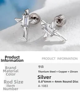 Detail view of silver sword cross ear stud with rectangle zircon and screw back closure