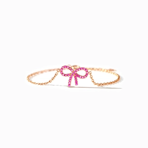 Minimalist S925 sterling silver bow bracelet with pink gemstones in rose gold finish