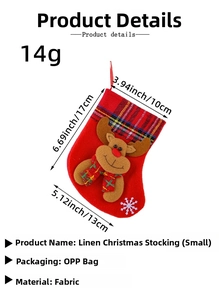 Detailed size specifications for small linen Christmas stockings with reindeer embroidery