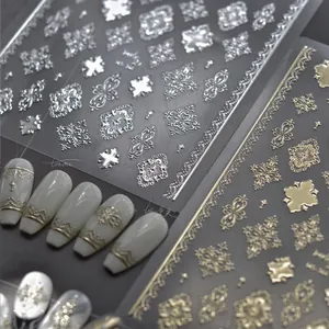 Detailed macro view of HS-346 gold and silver baroque style embossed nail art stickers