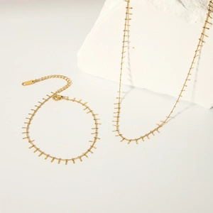 18K Gold Plated Stainless Steel Necklace And Anklet Set Minimalist Vertical Bar Tassel Fringe Jewelry For Women