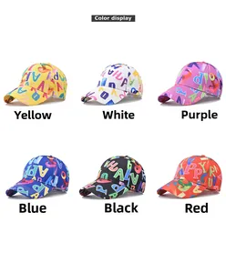 Color display of cotton baseball caps with gradient graffiti letter prints in six colors