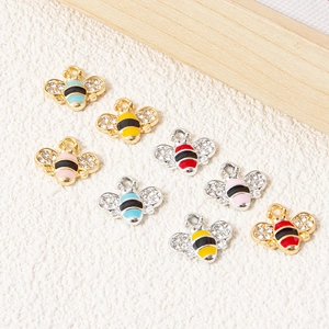 Golden and silver bee pendant charms with colorful oil drip and rhinestones for DIY jewelry