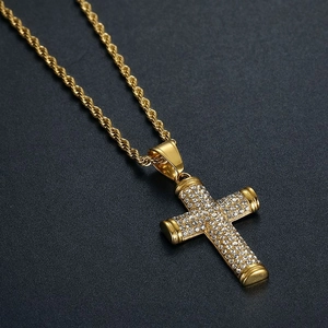 Hip hop gold plated stainless steel cross pendant necklace with sparkling rhinestones