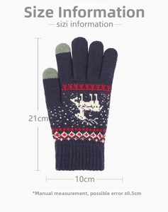 Size chart showing dimensions of knit winter touchscreen gloves with reindeer pattern