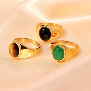 Elegant 18K gold-plated stainless steel oval rings set with tiger eye and obsidian stones