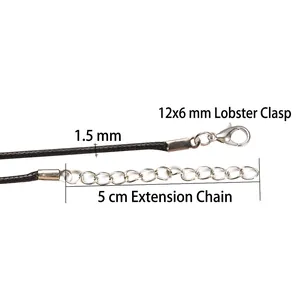 1.5mm black wax cord necklace with silver lobster clasp and 5cm extension chain