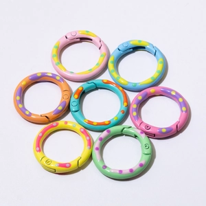 Colorful painted round spring snap hooks with dots and wave patterns for DIY crafts