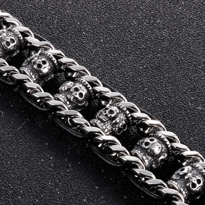 Vintage leather skull bracelet with stainless steel cylinder charms for men